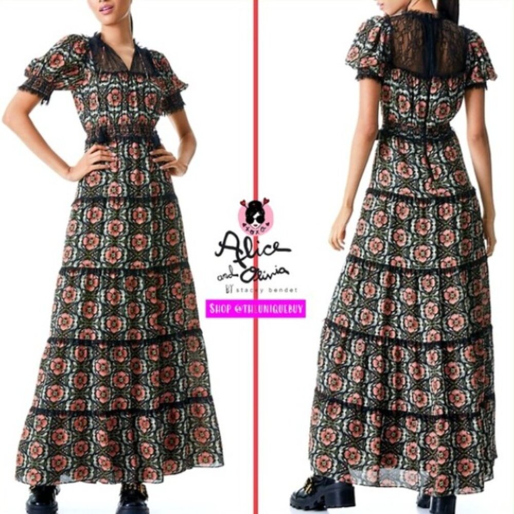 Alice + Olivia Lynley Floral Puff Short Sleeve Lace Tiered Maxi Dress Size 8